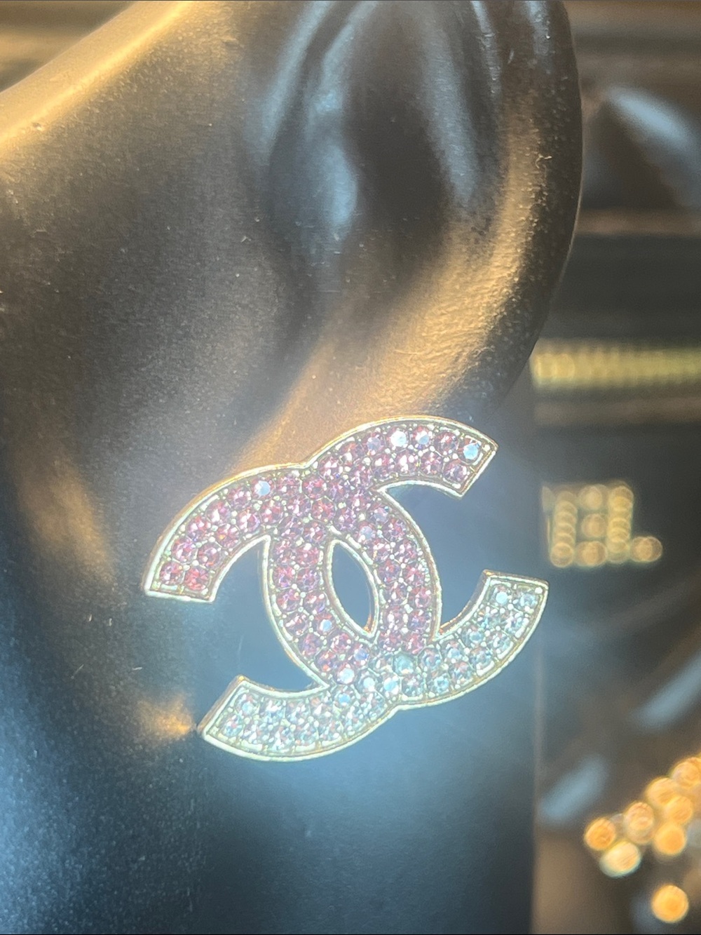 Chanel Crystal CC Logo Stud Earrings in Pink and Light Blue